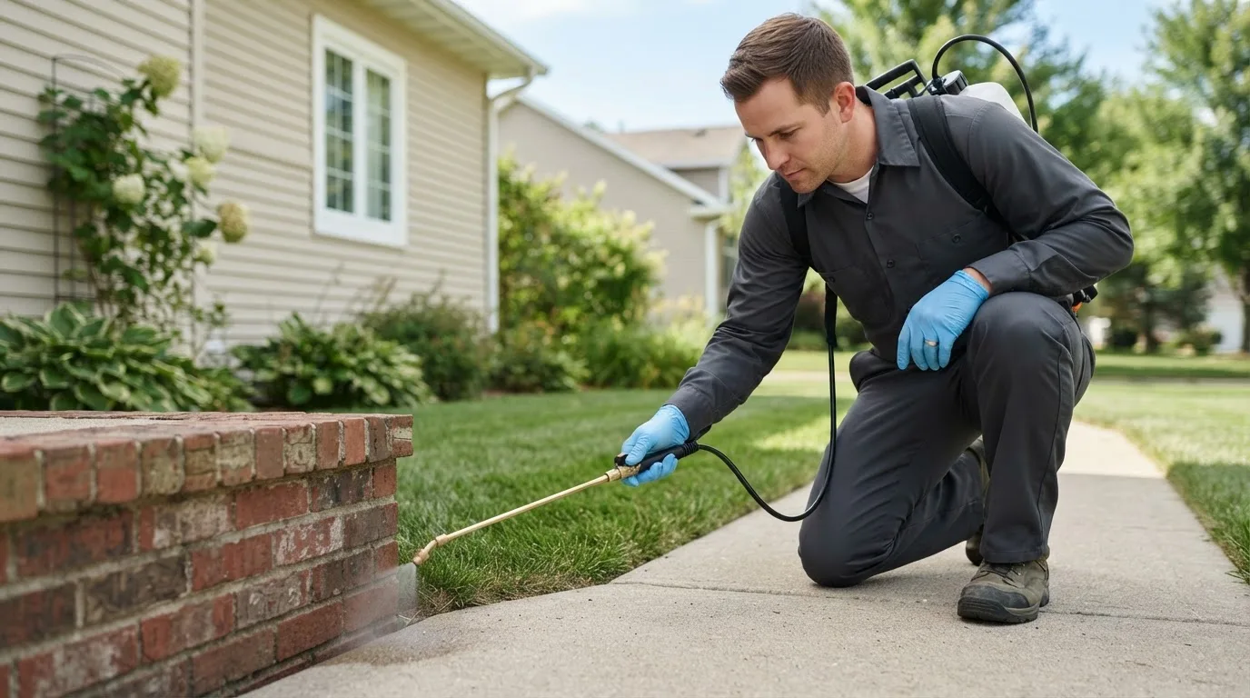 Pest control technician treating a home near Juniata, NE