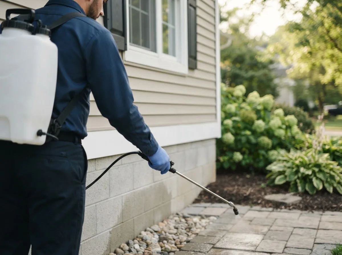 Pest control technician inspecting a home in Juniata, NE